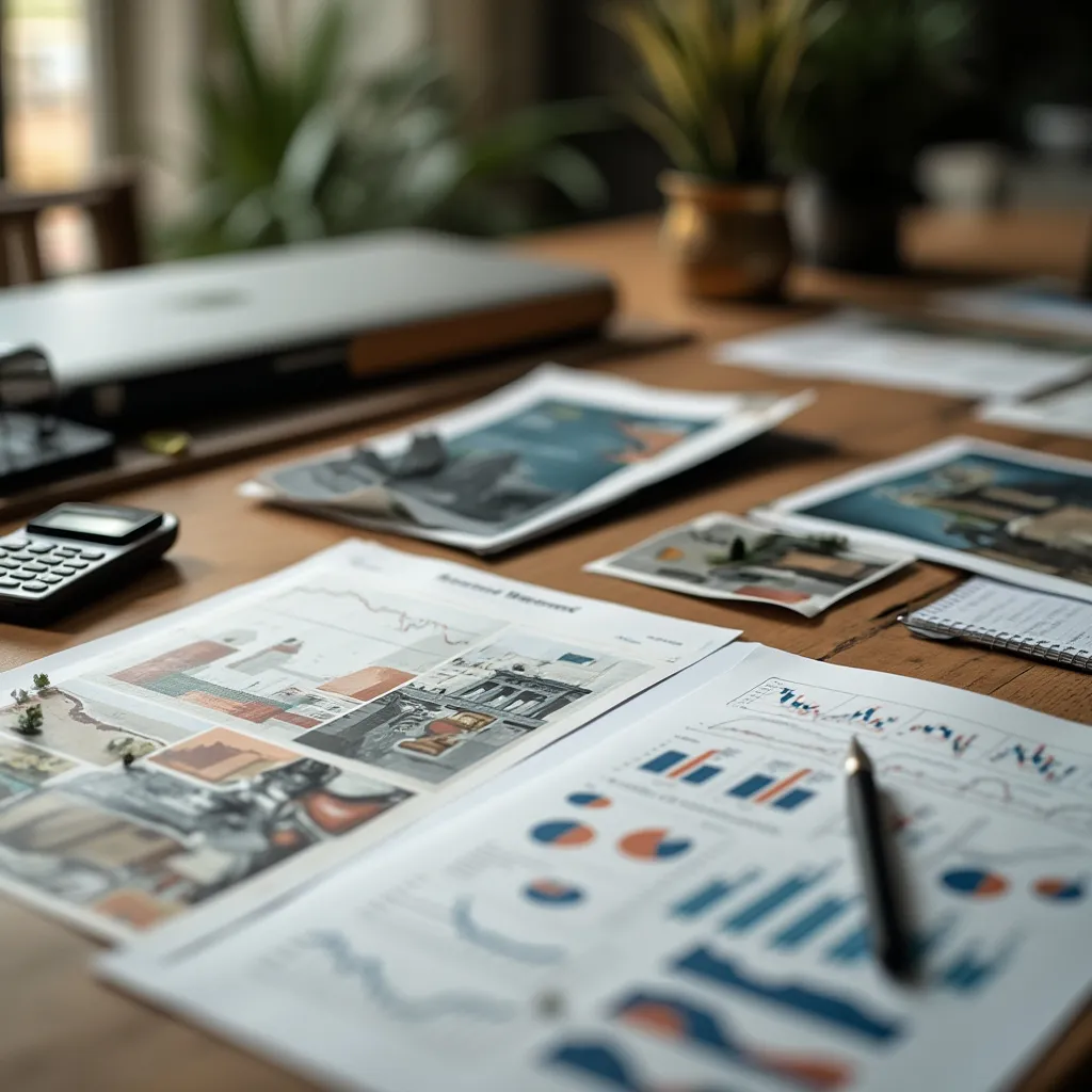 Escritorio con gráficos y documentos financieros